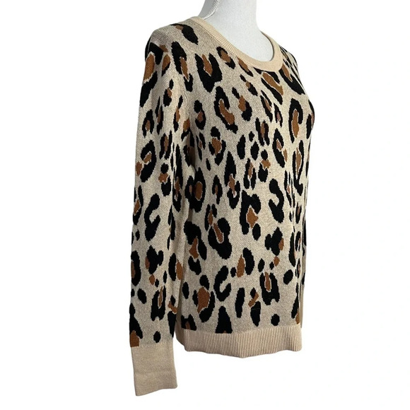A New Day Leopard Pattern Knit Top Large Beige Black Long Sleeve Round Neck Work - Picture 2 of 9